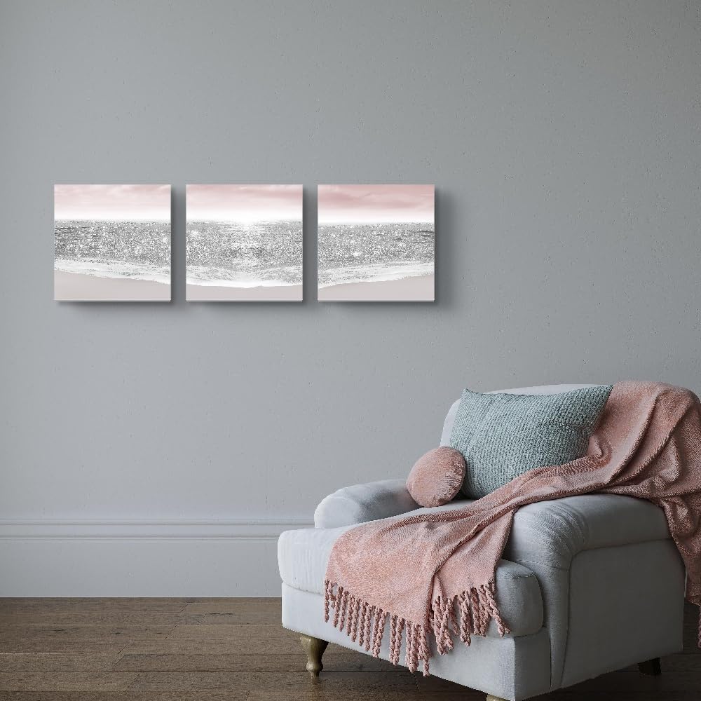 Bathroom Pictures Glitter Silver Pink Beach Wall Art for Girls Bedroom & Women's Room | Pastel Blush Modern Art Decor | Ocean Themed Sparkle Prints