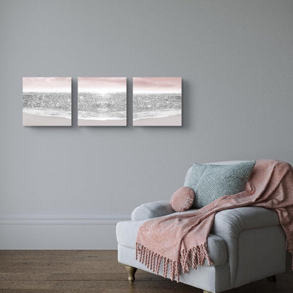 Bathroom Pictures Glitter Silver Pink Beach Wall Art for Girls Bedroom & Women's Room | Pastel Blush Modern Art Decor | Ocean Themed Sparkle Prints