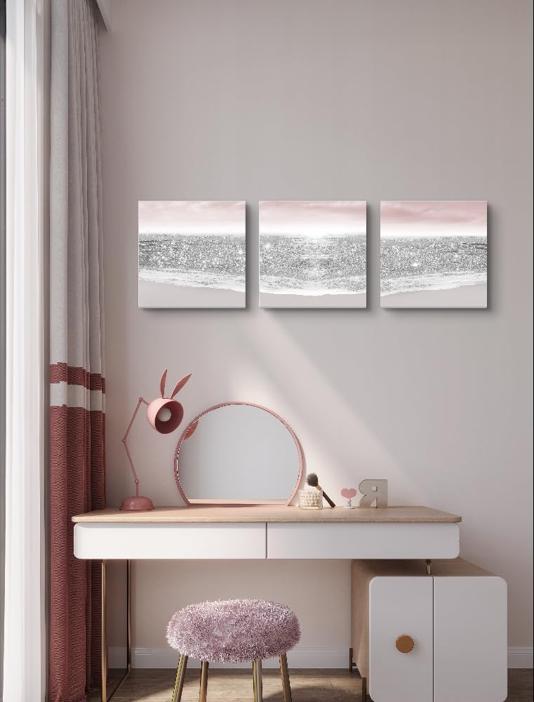 Bathroom Pictures Glitter Silver Pink Beach Wall Art for Girls Bedroom & Women's Room | Pastel Blush Modern Art Decor | Ocean Themed Sparkle Prints
