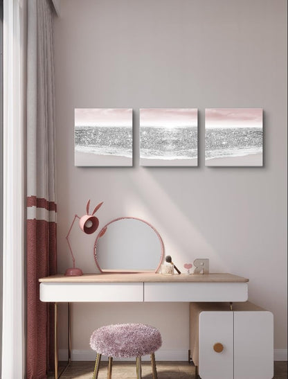 Bathroom Pictures Glitter Silver Pink Beach Wall Art for Girls Bedroom & Women's Room | Pastel Blush Modern Art Decor | Ocean Themed Sparkle Prints
