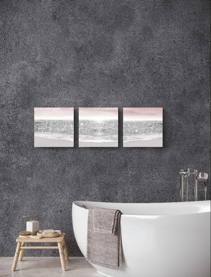 Bathroom Pictures Glitter Silver Pink Beach Wall Art for Girls Bedroom & Women's Room | Pastel Blush Modern Art Decor | Ocean Themed Sparkle Prints