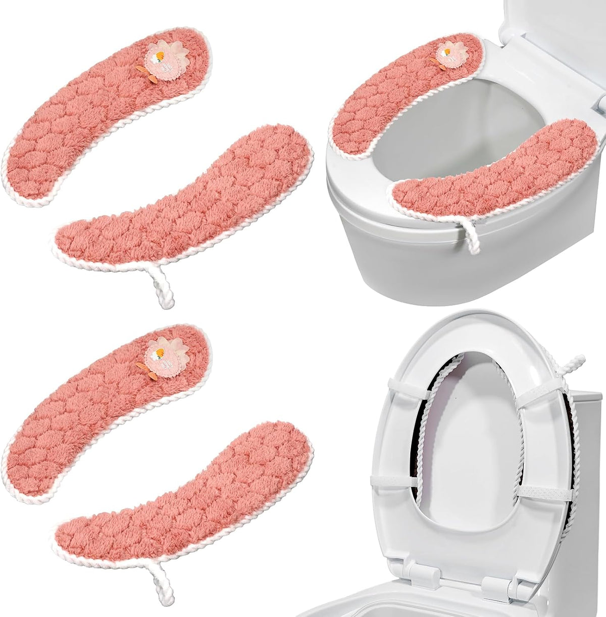 Toilet Seat Cover Bathroom Toilet Seat Cushion Toilet Seat Warmer with Handle, Washable and Reusable Toilet Seat Pads for Winter, Fits All Toilet Seats, 2 Pairs, Pink