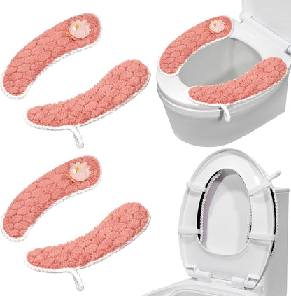 Toilet Seat Cover Bathroom Toilet Seat Cushion Toilet Seat Warmer with Handle, Washable and Reusable Toilet Seat Pads for Winter, Fits All Toilet Seats, 2 Pairs, Pink