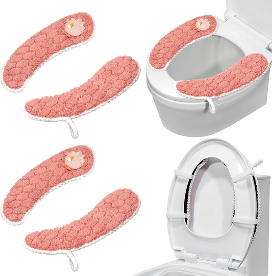 Toilet Seat Cover Bathroom Toilet Seat Cushion Toilet Seat Warmer with Handle, Washable and Reusable Toilet Seat Pads for Winter, Fits All Toilet Seats, 2 Pairs, Pink