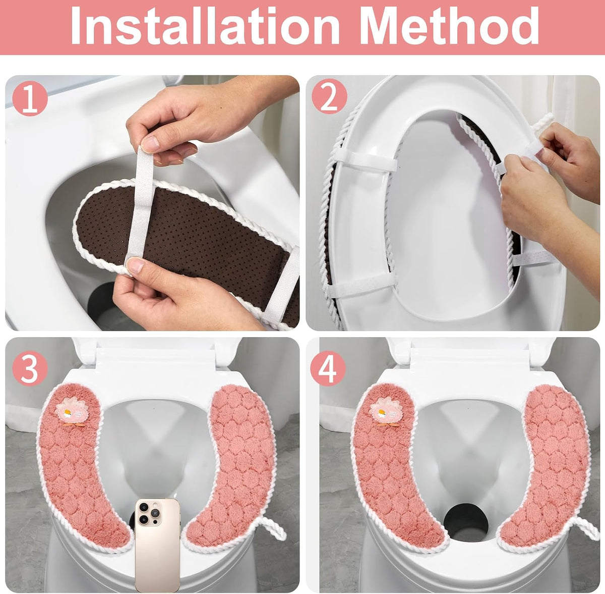Toilet Seat Cover Bathroom Toilet Seat Cushion Toilet Seat Warmer with Handle, Washable and Reusable Toilet Seat Pads for Winter, Fits All Toilet Seats, 2 Pairs, Pink