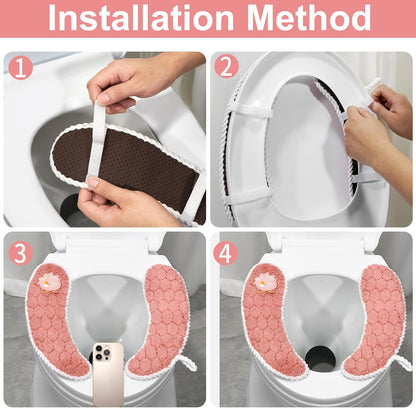 Toilet Seat Cover Bathroom Toilet Seat Cushion Toilet Seat Warmer with Handle, Washable and Reusable Toilet Seat Pads for Winter, Fits All Toilet Seats, 2 Pairs, Pink