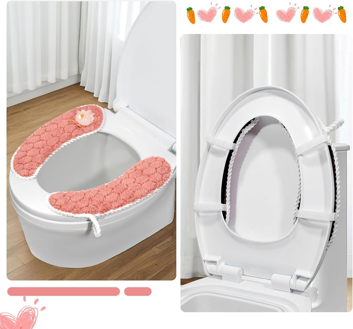 Toilet Seat Cover Bathroom Toilet Seat Cushion Toilet Seat Warmer with Handle, Washable and Reusable Toilet Seat Pads for Winter, Fits All Toilet Seats, 2 Pairs, Pink