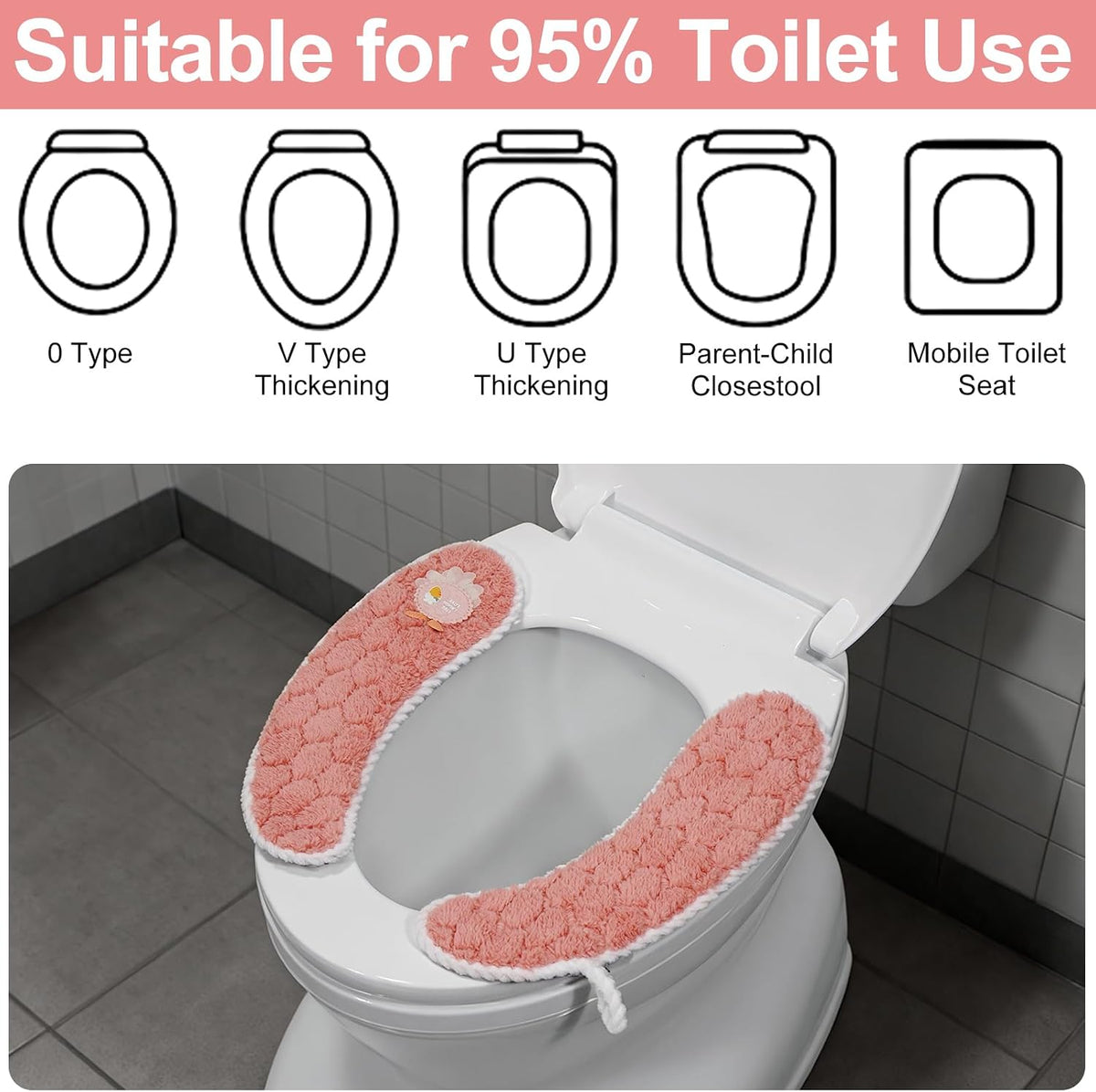Toilet Seat Cover Bathroom Toilet Seat Cushion Toilet Seat Warmer with Handle, Washable and Reusable Toilet Seat Pads for Winter, Fits All Toilet Seats, 2 Pairs, Pink