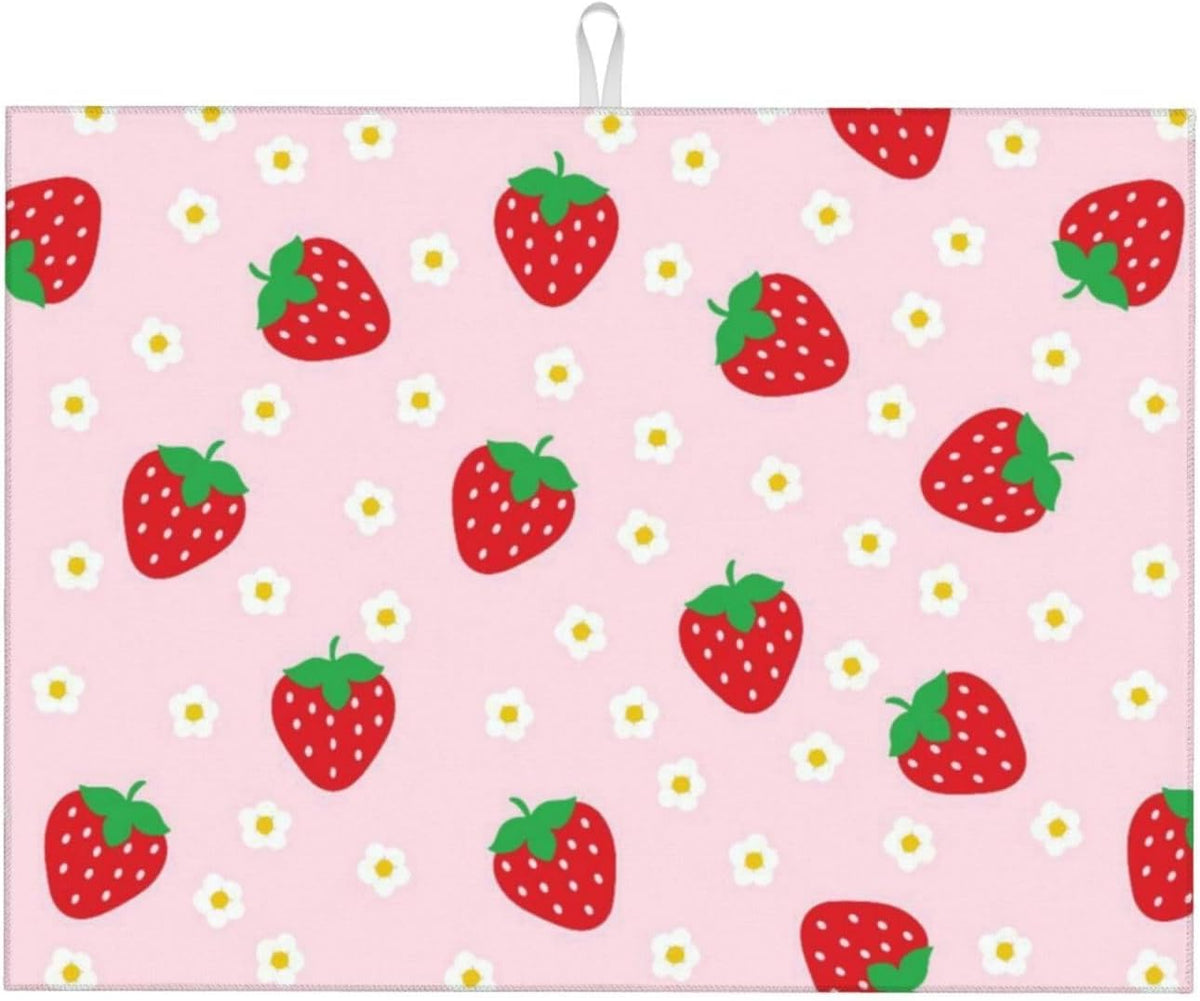 Strawberry Dish Drying Mat for Kitchen Counter Microfiber Absorbent Cute Pink Floral Fruits Kitchen Decor Draining Mat Extra Large Washable Dish Drainer Rack Mats Coffee Bar Accessories18"x24"