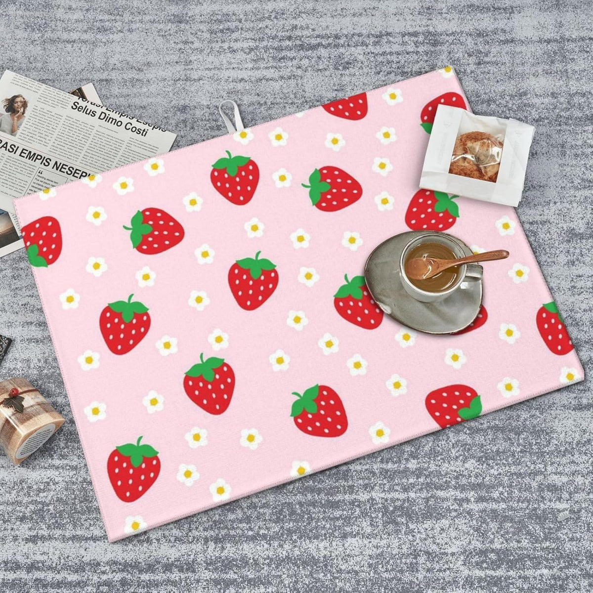 Strawberry Dish Drying Mat for Kitchen Counter Microfiber Absorbent Cute Pink Floral Fruits Kitchen Decor Draining Mat Extra Large Washable Dish Drainer Rack Mats Coffee Bar Accessories18"x24"