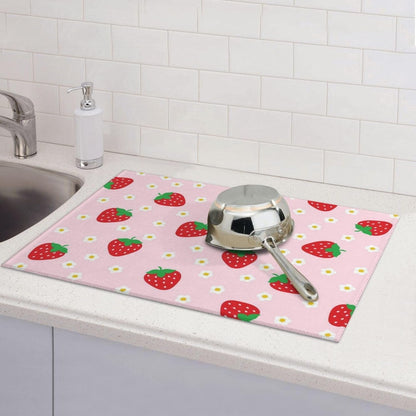 Strawberry Dish Drying Mat for Kitchen Counter Microfiber Absorbent Cute Pink Floral Fruits Kitchen Decor Draining Mat Extra Large Washable Dish Drainer Rack Mats Coffee Bar Accessories18"x24"