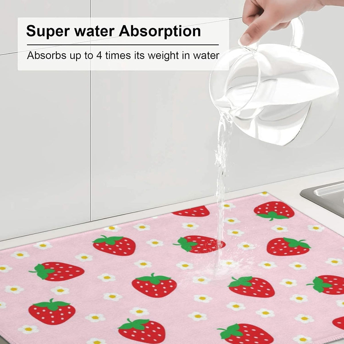 Strawberry Dish Drying Mat for Kitchen Counter Microfiber Absorbent Cute Pink Floral Fruits Kitchen Decor Draining Mat Extra Large Washable Dish Drainer Rack Mats Coffee Bar Accessories18"x24"