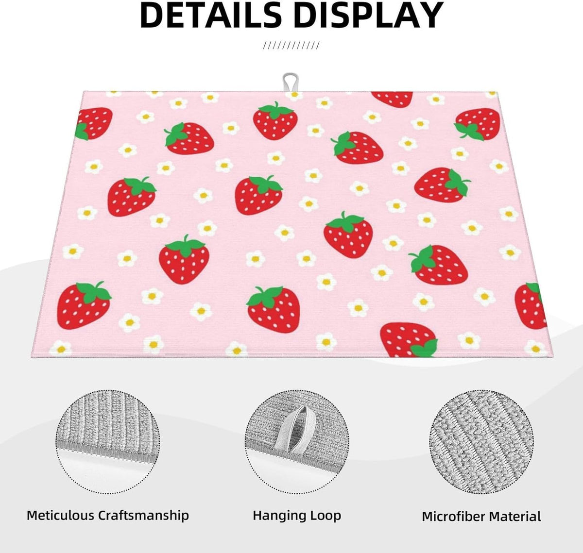 Strawberry Dish Drying Mat for Kitchen Counter Microfiber Absorbent Cute Pink Floral Fruits Kitchen Decor Draining Mat Extra Large Washable Dish Drainer Rack Mats Coffee Bar Accessories18"x24"