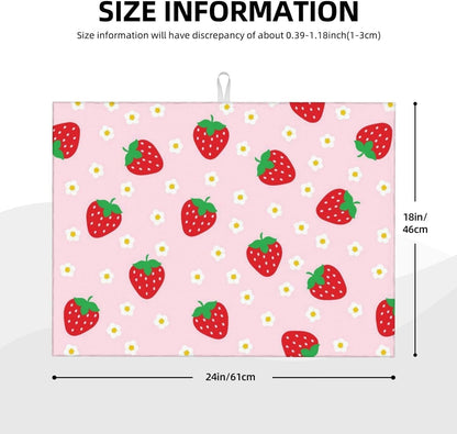 Strawberry Dish Drying Mat for Kitchen Counter Microfiber Absorbent Cute Pink Floral Fruits Kitchen Decor Draining Mat Extra Large Washable Dish Drainer Rack Mats Coffee Bar Accessories18"x24"