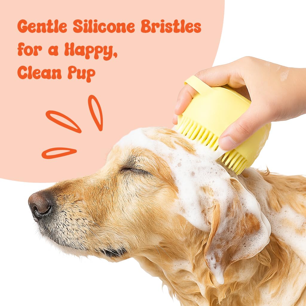 HamInWay Dog Bath Brush, 2-in-1 Dog Brush for Grooming with Built-in Shampoo Dispenser, Gentle Silicone Bristles for Bath & Massage,Easy Clean Design for Dog, Cats & Small Pets, Pink