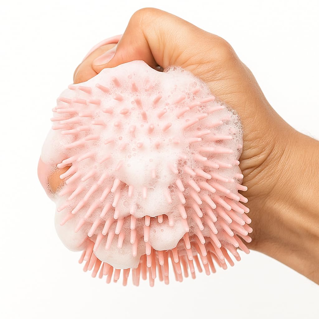 HamInWay Dog Bath Brush, 2-in-1 Dog Brush for Grooming with Built-in Shampoo Dispenser, Gentle Silicone Bristles for Bath & Massage,Easy Clean Design for Dog, Cats & Small Pets, Pink
