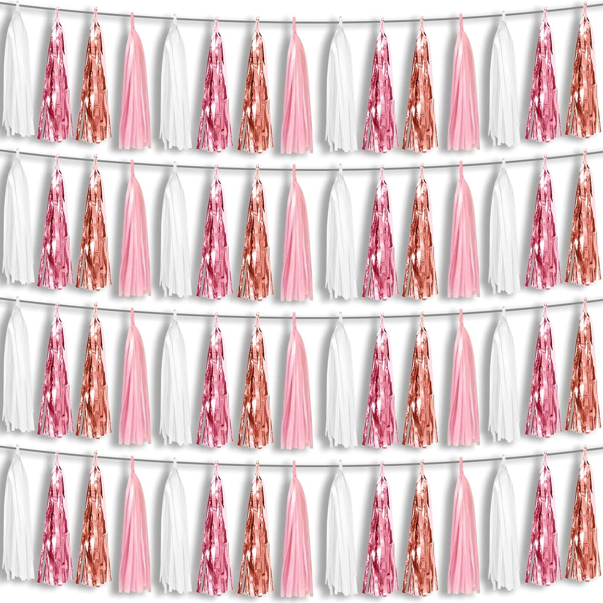 4P Pink White Peach Rose Gold Tassels Party Tassel Garland Banner, Tassels Banner Streamers for Parade Floats, Bachelorette, Wedding, Birthday, Christmas, Bridal/Baby Shower Party Decorations