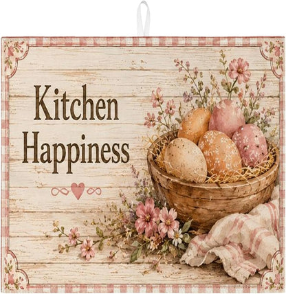 Floral Dish Drying Mats for Kitchen Counter, Peach Absorbent Dish Drainer Mat, Rustic Microfiber Drying Pad for Kitchen Counter Home Decor 16x18 Inch