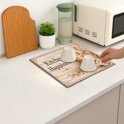 Floral Dish Drying Mats for Kitchen Counter, Peach Absorbent Dish Drainer Mat, Rustic Microfiber Drying Pad for Kitchen Counter Home Decor 16x18 Inch