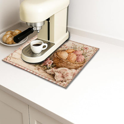 Floral Dish Drying Mats for Kitchen Counter, Peach Absorbent Dish Drainer Mat, Rustic Microfiber Drying Pad for Kitchen Counter Home Decor 16x18 Inch