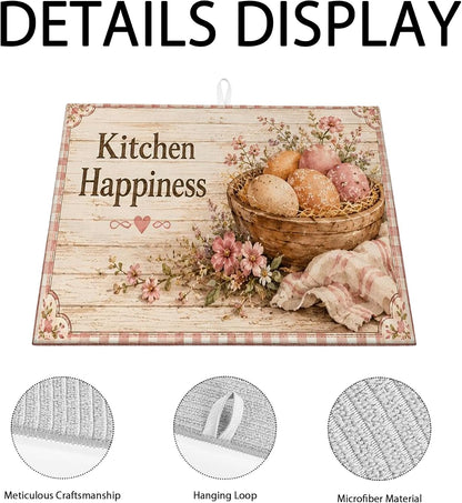 Floral Dish Drying Mats for Kitchen Counter, Peach Absorbent Dish Drainer Mat, Rustic Microfiber Drying Pad for Kitchen Counter Home Decor 16x18 Inch