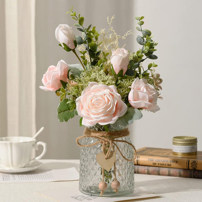 Fake Flowers with Vase, Artificial Flowers Silk Roses Flower Bouquet in Vase, Faux Flower Arrangements,Farmhouse Table Decor,Table Decorations for Living Room,Coffee Table Decor(Pink)