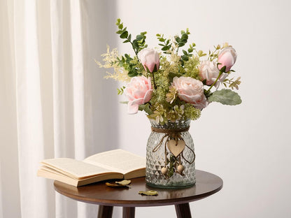 Fake Flowers with Vase, Artificial Flowers Silk Roses Flower Bouquet in Vase, Faux Flower Arrangements,Farmhouse Table Decor,Table Decorations for Living Room,Coffee Table Decor(Pink)