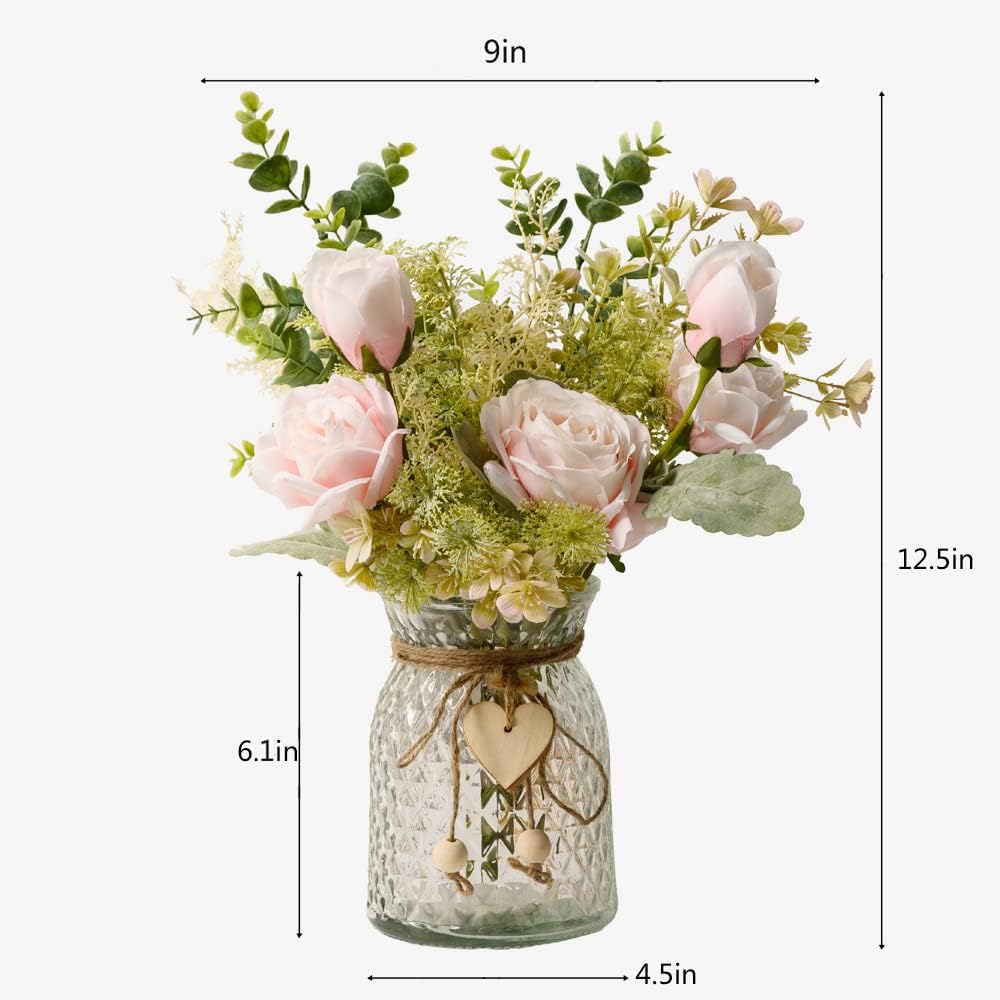 Fake Flowers with Vase, Artificial Flowers Silk Roses Flower Bouquet in Vase, Faux Flower Arrangements,Farmhouse Table Decor,Table Decorations for Living Room,Coffee Table Decor(Pink)