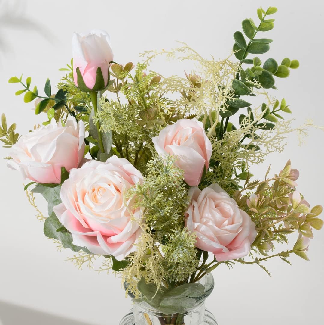 Fake Flowers with Vase, Artificial Flowers Silk Roses Flower Bouquet in Vase, Faux Flower Arrangements,Farmhouse Table Decor,Table Decorations for Living Room,Coffee Table Decor(Pink)