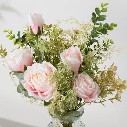 Fake Flowers with Vase, Artificial Flowers Silk Roses Flower Bouquet in Vase, Faux Flower Arrangements,Farmhouse Table Decor,Table Decorations for Living Room,Coffee Table Decor(Pink)