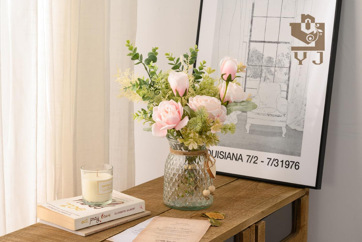 Fake Flowers with Vase, Artificial Flowers Silk Roses Flower Bouquet in Vase, Faux Flower Arrangements,Farmhouse Table Decor,Table Decorations for Living Room,Coffee Table Decor(Pink)