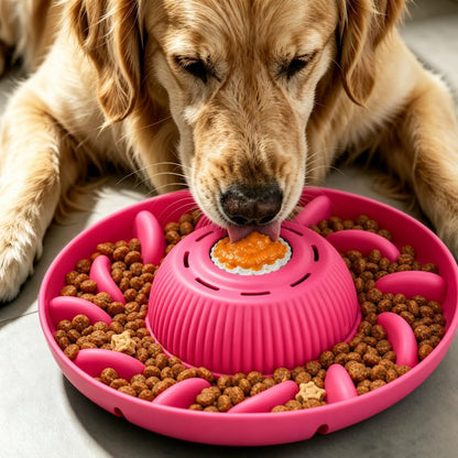 Slow Feeder Dog Bowls 2 in 1 Liquid Treat Dog Lick Mat Bowl – Anti Slip 5‑Cup Large Capacity Liquid and Kibble Food Treat Dispenser for Slowing Down Eating for Large Medium Small Dogs and Cats (Pink)