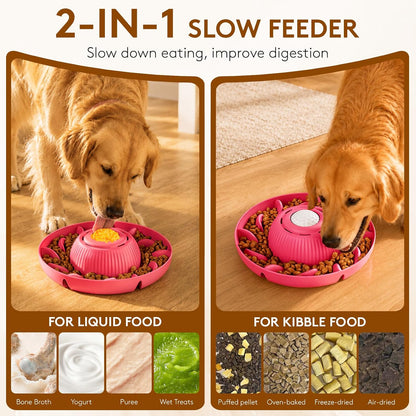 Slow Feeder Dog Bowls 2 in 1 Liquid Treat Dog Lick Mat Bowl – Anti Slip 5‑Cup Large Capacity Liquid and Kibble Food Treat Dispenser for Slowing Down Eating for Large Medium Small Dogs and Cats (Pink)