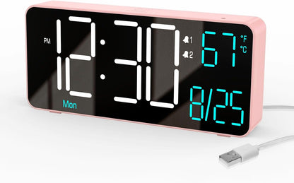 KOSUMOSU Alarm Clocks for Bedrooms, 6.7in Small Digital Clock, Auto Dimming, Room Temperature, Day of The Week, Date, Seconds, Digital Clocks for Living Room, Alarm Clock