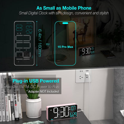KOSUMOSU Alarm Clocks for Bedrooms, 6.7in Small Digital Clock, Auto Dimming, Room Temperature, Day of The Week, Date, Seconds, Digital Clocks for Living Room, Alarm Clock