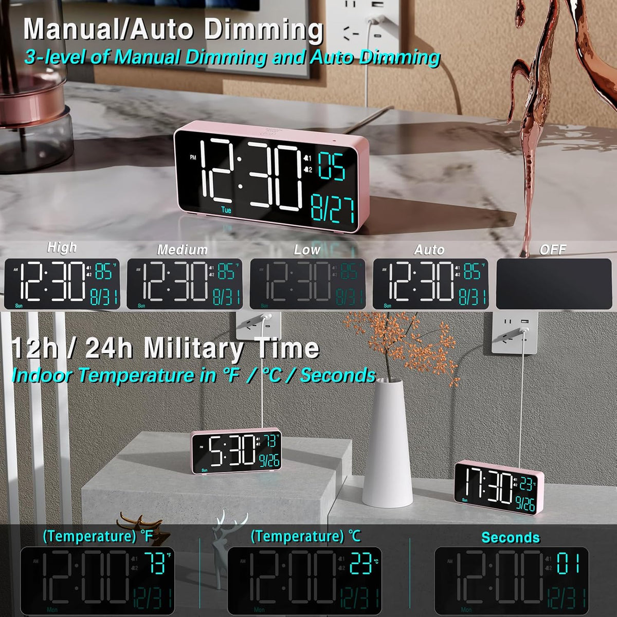 KOSUMOSU Alarm Clocks for Bedrooms, 6.7in Small Digital Clock, Auto Dimming, Room Temperature, Day of The Week, Date, Seconds, Digital Clocks for Living Room, Alarm Clock
