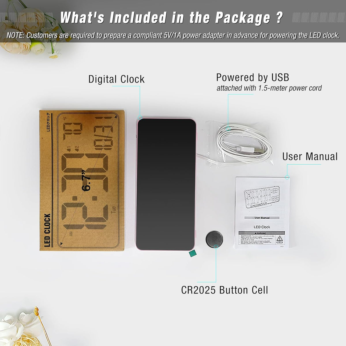 KOSUMOSU Alarm Clocks for Bedrooms, 6.7in Small Digital Clock, Auto Dimming, Room Temperature, Day of The Week, Date, Seconds, Digital Clocks for Living Room, Alarm Clock