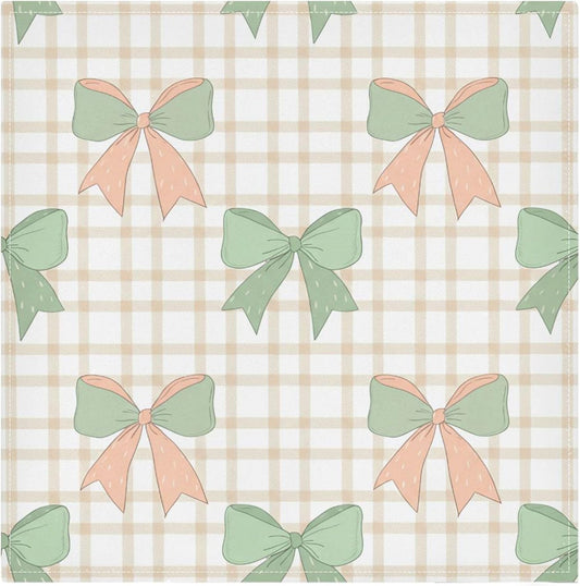 Kigai Cloth Napkins Set of 4 Green Peach Bows on Checkered Dinner Napkins 20x20 in, Washable & Reusable Fabric Table Napkin for Dining Parties Holiday, Eco-Friendly