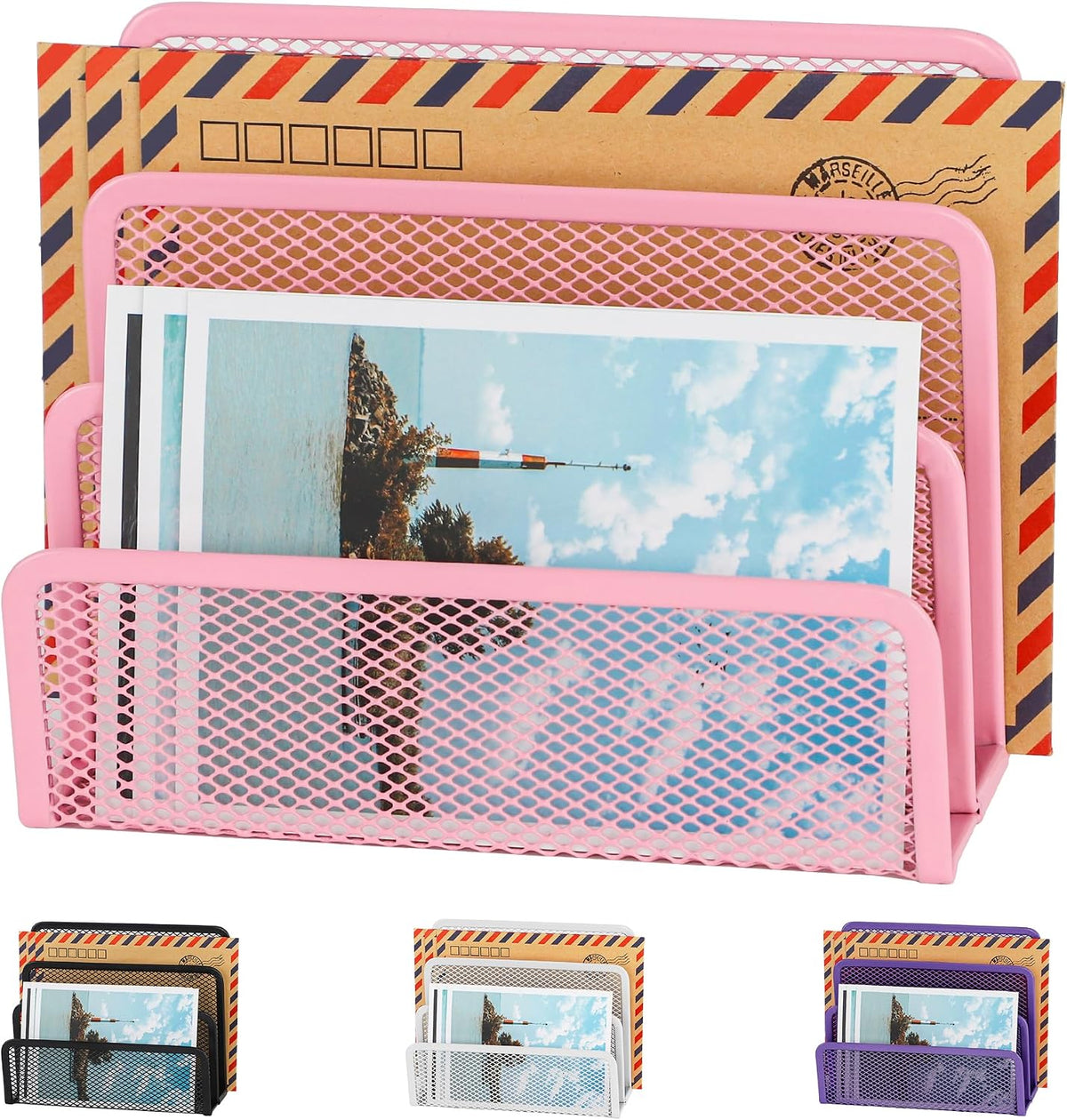 Desk Mail Organizer, Office Small Desktop Metal Mesh Envelope Letter Sorter Paper File Holder Organizer with 3 Vertical Upright Compartments, Pink 1 Pack