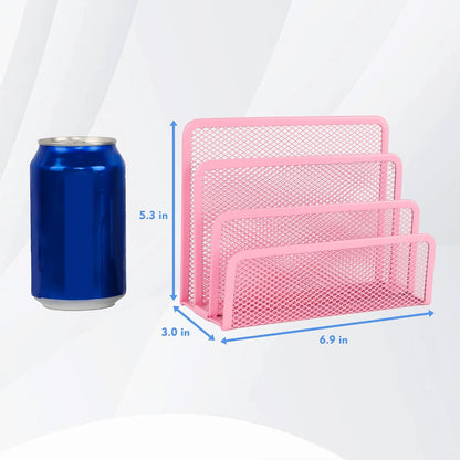 Desk Mail Organizer, Office Small Desktop Metal Mesh Envelope Letter Sorter Paper File Holder Organizer with 3 Vertical Upright Compartments, Pink 1 Pack