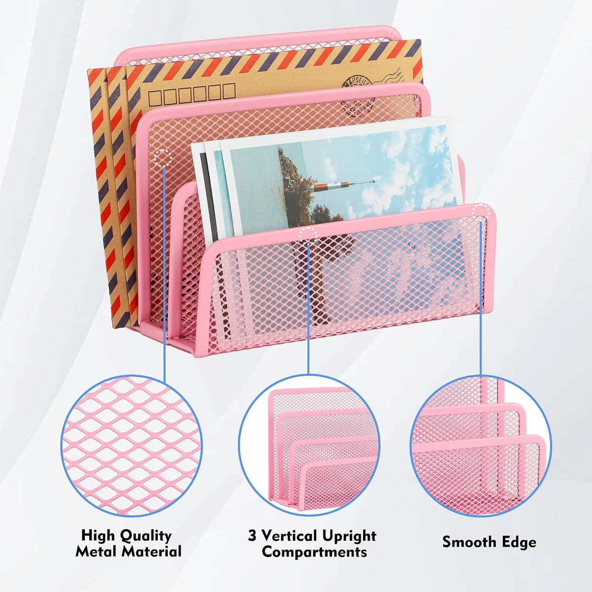Desk Mail Organizer, Office Small Desktop Metal Mesh Envelope Letter Sorter Paper File Holder Organizer with 3 Vertical Upright Compartments, Pink 1 Pack