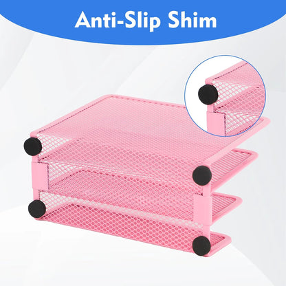 Desk Mail Organizer, Office Small Desktop Metal Mesh Envelope Letter Sorter Paper File Holder Organizer with 3 Vertical Upright Compartments, Pink 1 Pack