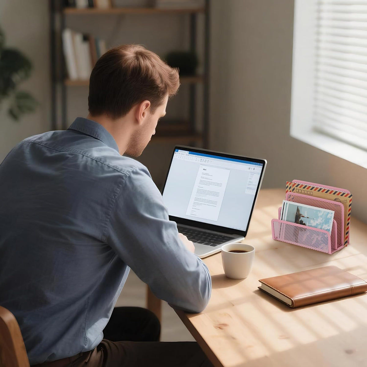Desk Mail Organizer, Office Small Desktop Metal Mesh Envelope Letter Sorter Paper File Holder Organizer with 3 Vertical Upright Compartments, Pink 1 Pack