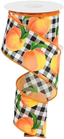 Peaches on Gingham Wired Edge Ribbon, 10 Yards (White, Black, 2.5 Inch)