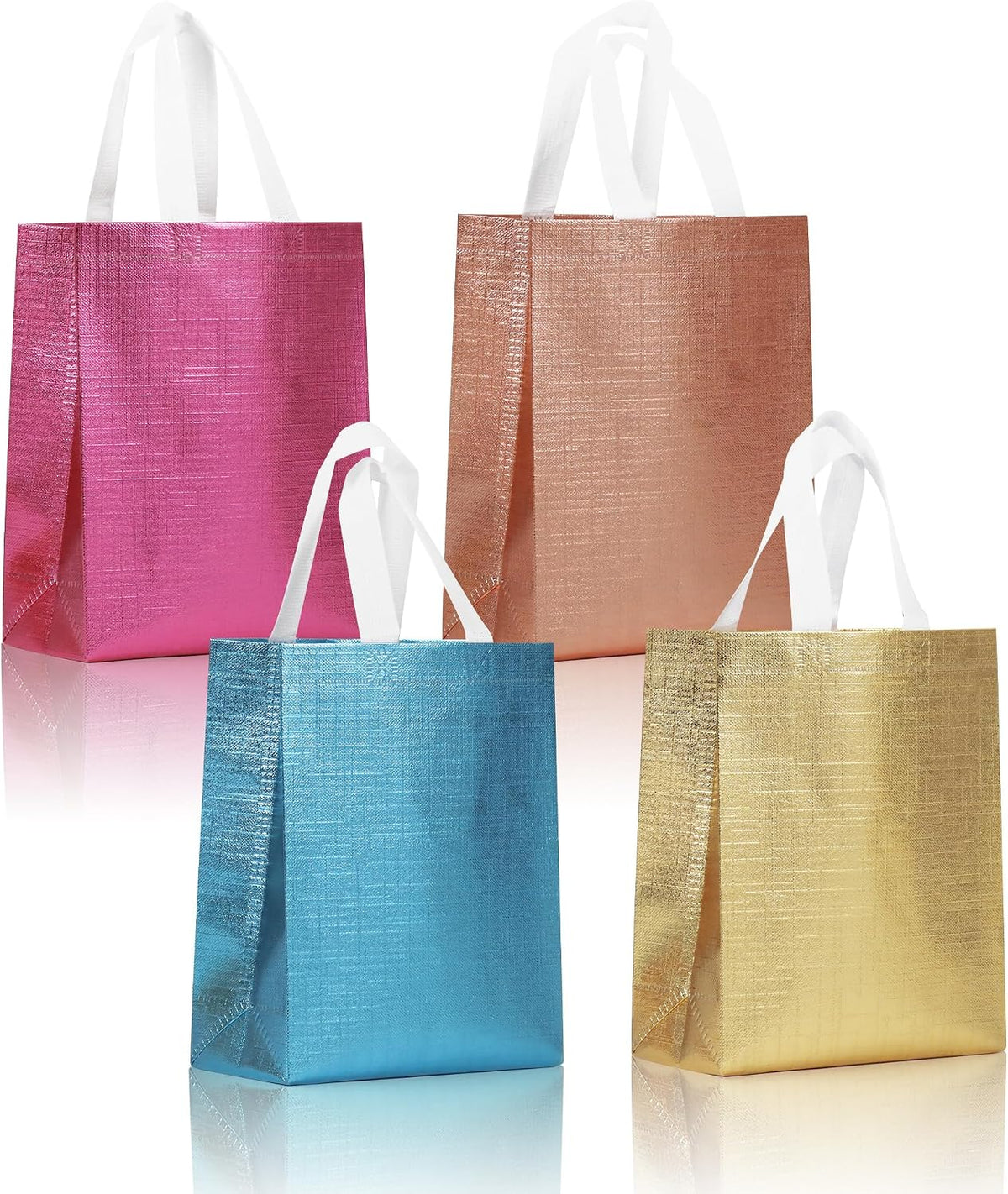 16 Pcs Mixcolor Small Gift Bags Set with Cardboard Bases, Glossy Reusable Party Goodie Bags for Birthday, Wedding, Christmas, Parties- Blue, Rose Gold, Pink, Gold