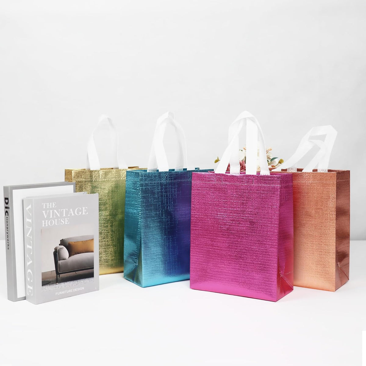 16 Pcs Mixcolor Small Gift Bags Set with Cardboard Bases, Glossy Reusable Party Goodie Bags for Birthday, Wedding, Christmas, Parties- Blue, Rose Gold, Pink, Gold