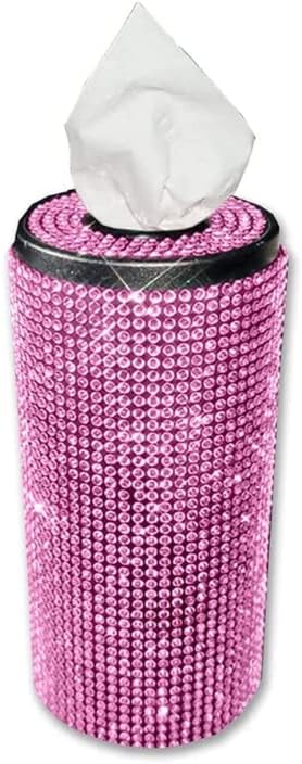 Bling Crystal Rhinestones Diamond Cylinder Tissue Box Holder for Car Cup Holder, Round Container for Home Office Travel Car Interior (Pink)