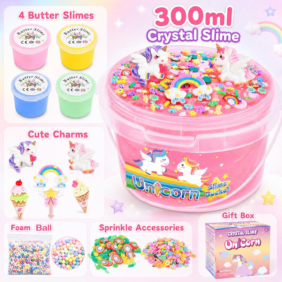 Unicorn Pink Clear Slime Bucket, Soft Stretchy Toy for Kids