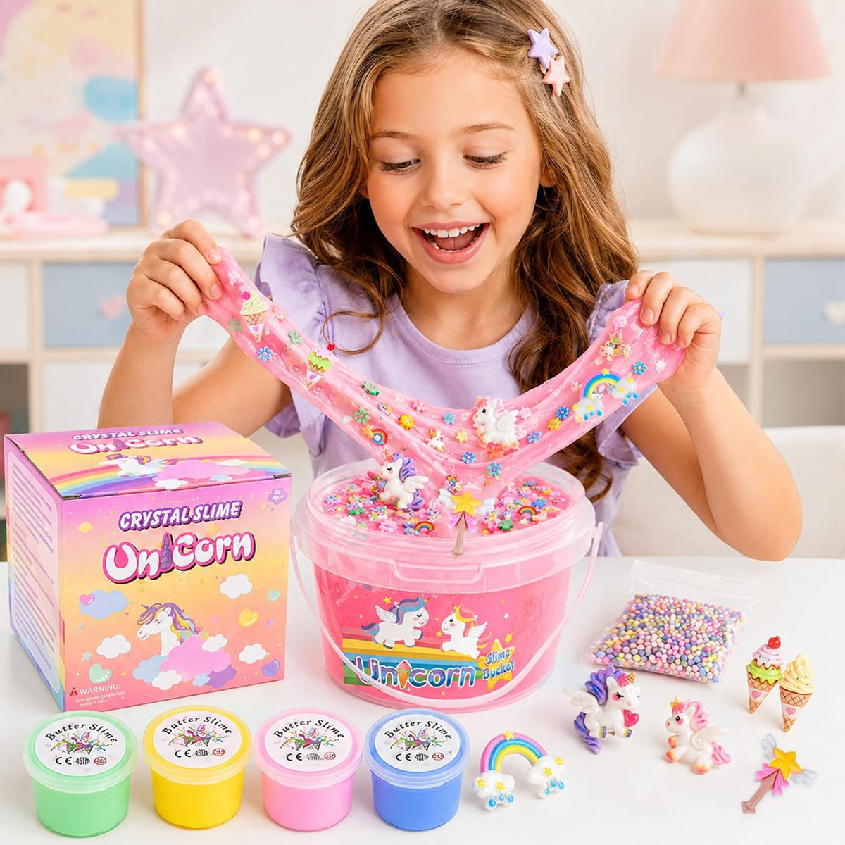 Unicorn Pink Clear Slime Bucket, Soft Stretchy Toy for Kids