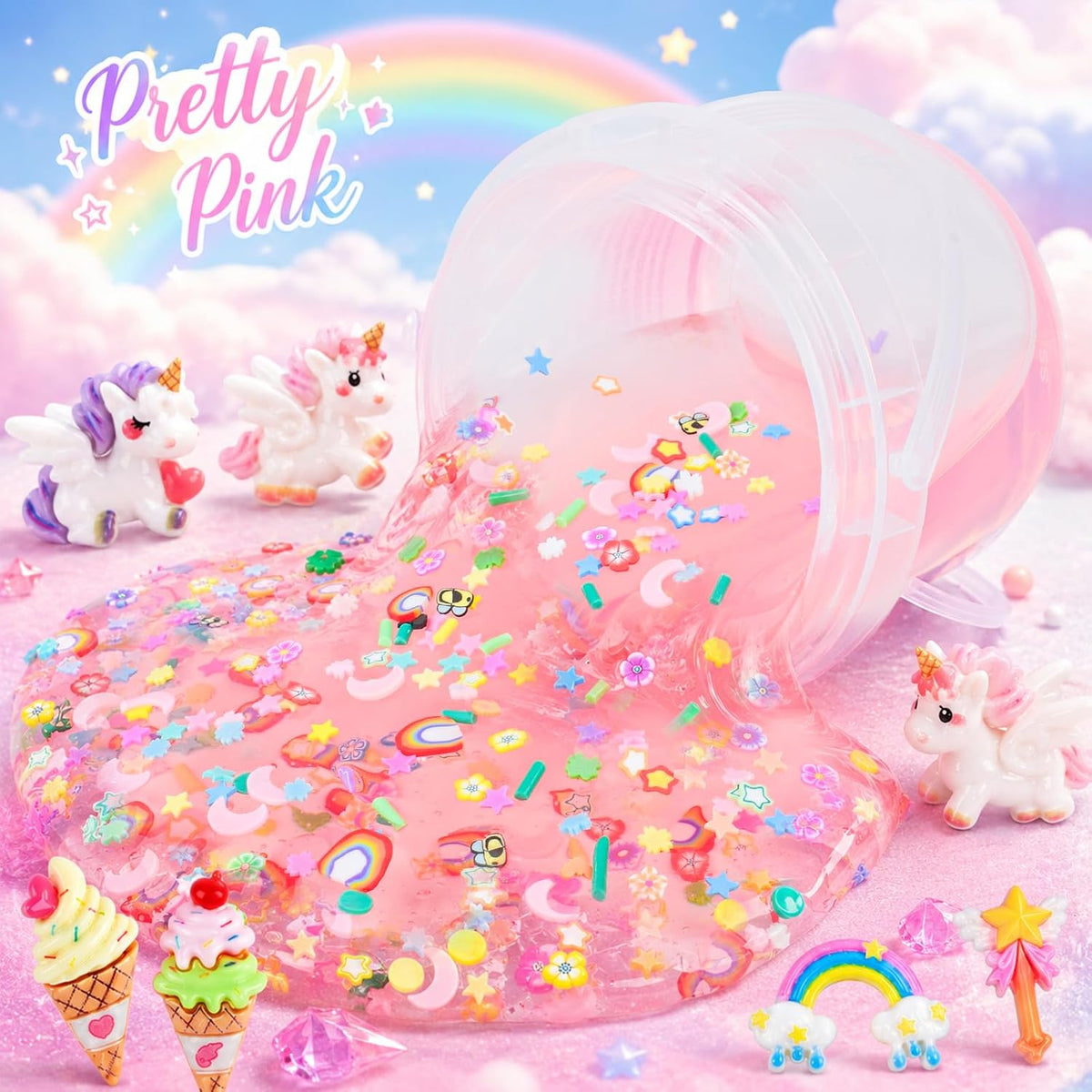 Unicorn Pink Clear Slime Bucket, Soft Stretchy Toy for Kids